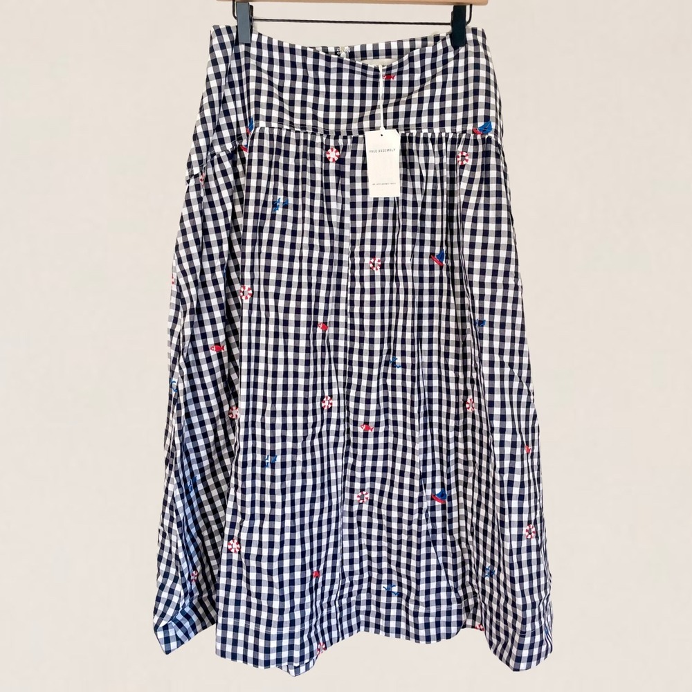 Free Assembly Womens Gingham Nautical Embroidered Midi Skirt Navy White Size 10 - Picture 3 of 8